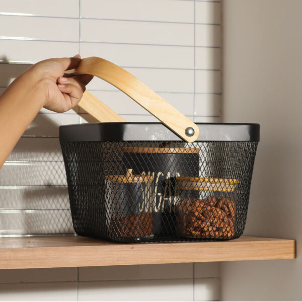 Grid Storage Basket with Wooden Handle - Black - Image 3
