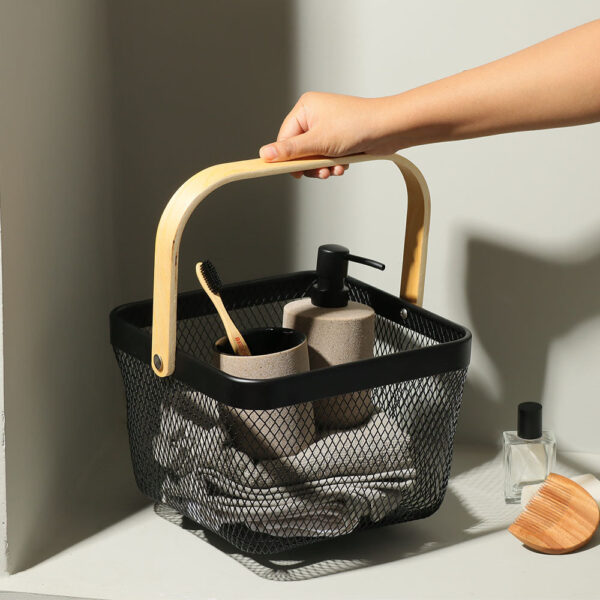 Grid Storage Basket with Wooden Handle - Black - Image 5