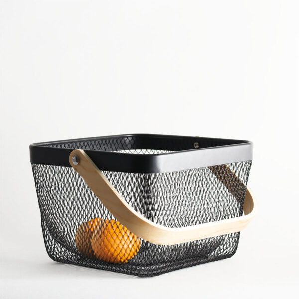 Grid Storage Basket with Wooden Handle - Black - Image 2