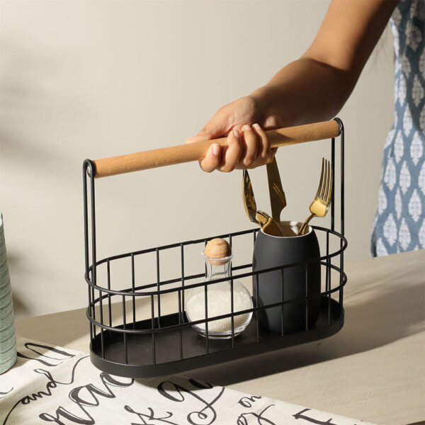 Wire Oval Caddy with Wooden Handle- Black - Image 4