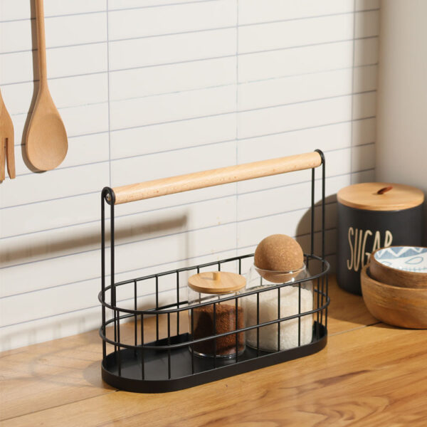 Wire Oval Caddy with Wooden Handle- Black - Image 5